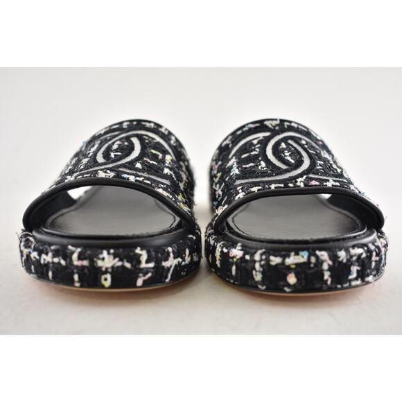 Chanel 20P Black White Tweed Mesh CC Logo Slide Slip Sandal Mule Heel Flat 36.5 - Picture 8 of 14